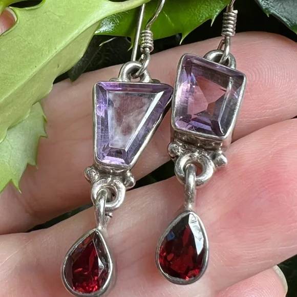 VINTAGE AMETHYST GARNET DROP DANGLE LONG EARRING925 STERLING SILVER UNIQUE CUT
